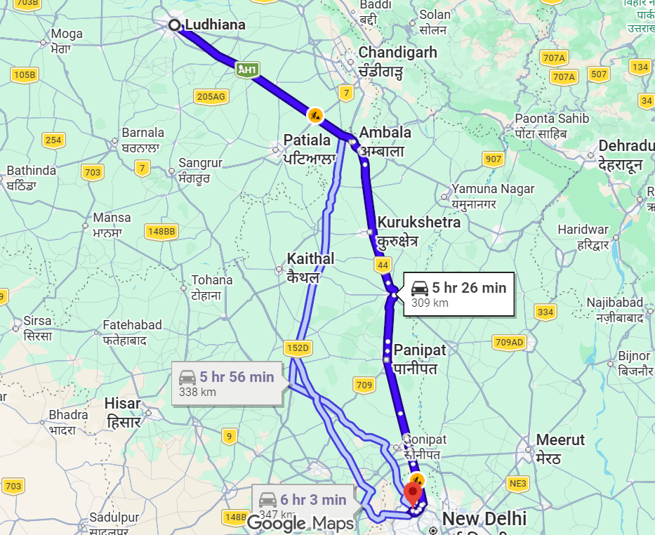 Ludhiana to Delhi Route Map