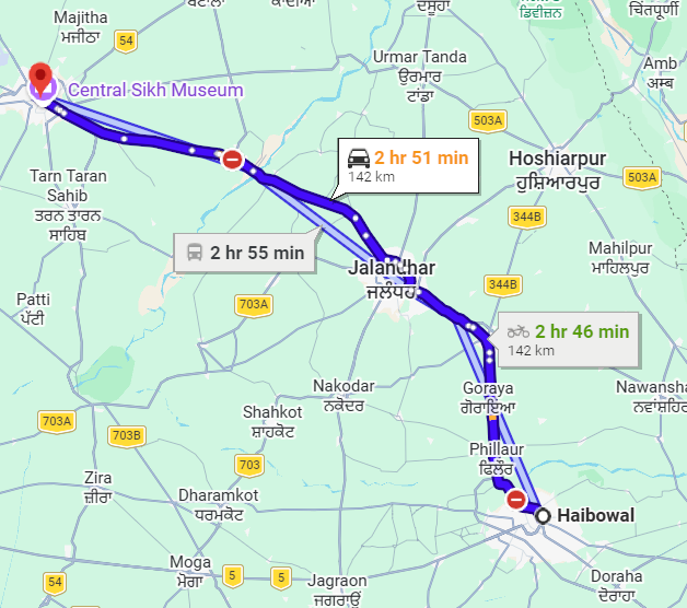 Ludhiana to Amritsar Route Map
