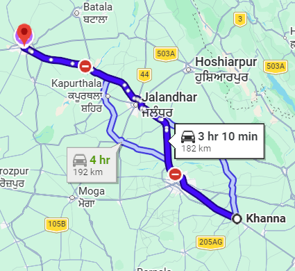 Ludhiana to Amritsar Route Map