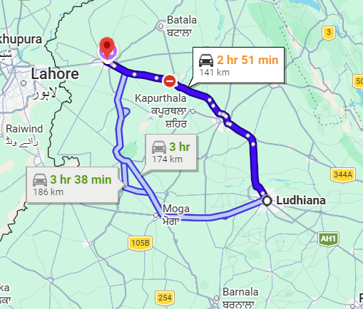 Ludhiana to Amritsar Route Map