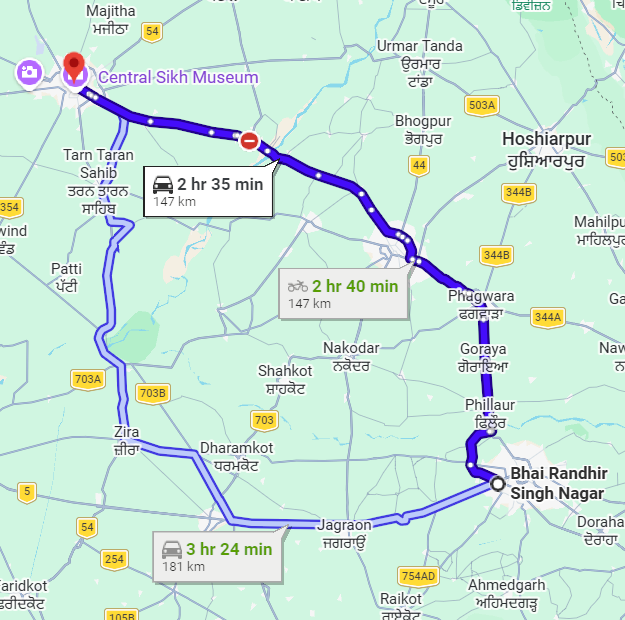 Ludhiana to Amritsar Route Map