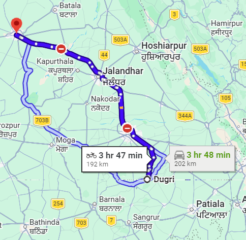 Ludhiana to Amritsar Route Map