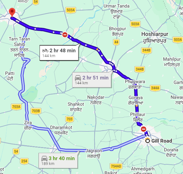 Ludhiana to Amritsar Route Map