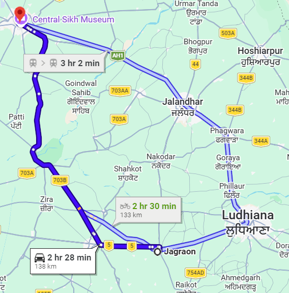 Ludhiana to Amritsar Route Map
