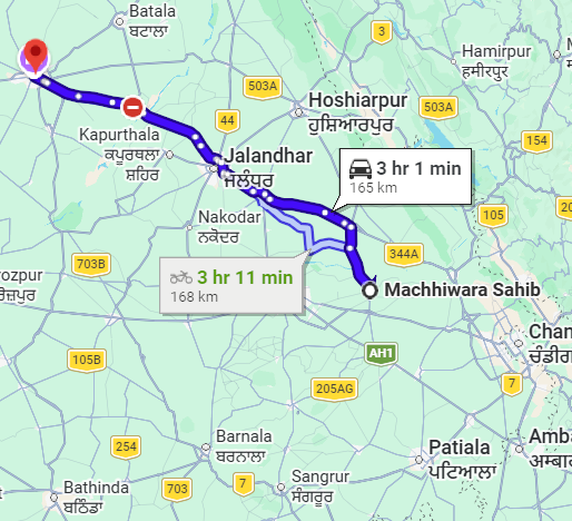 Ludhiana to Amritsar Route Map