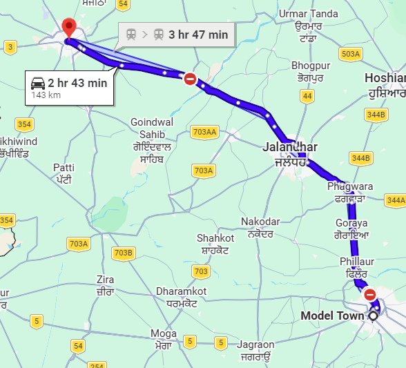 Ludhiana to Amritsar Route Map
