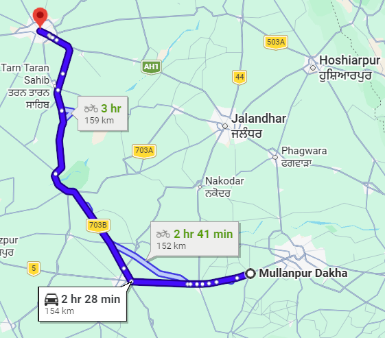 Ludhiana to Amritsar Route Map