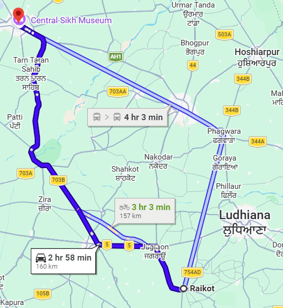 Ludhiana to Amritsar Route Map