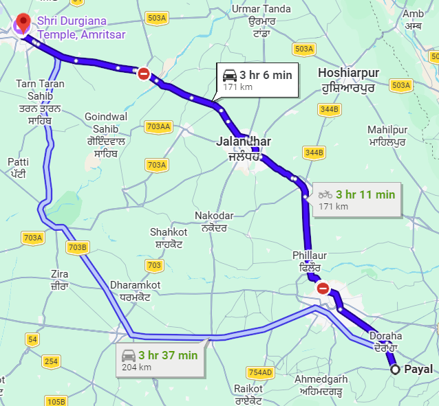 Ludhiana to Amritsar Route Map