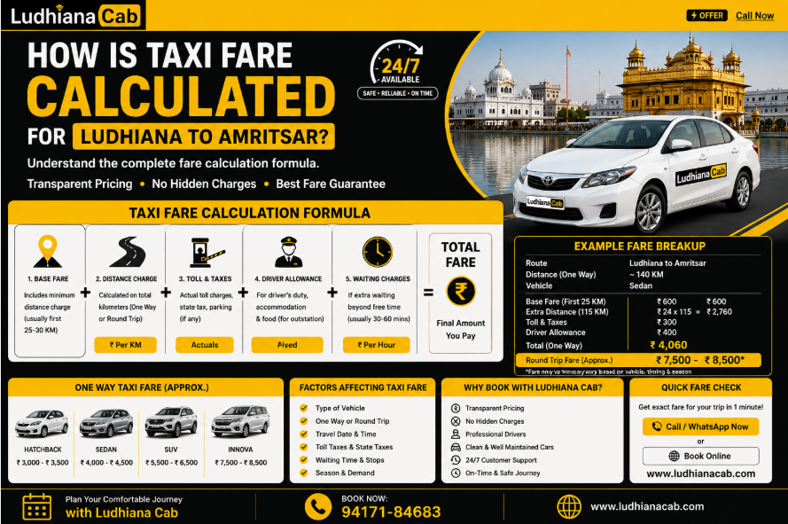 Taxi Fare Calculated for Ludhiana to Amritsar
